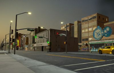 城市夜晚街区,街道整体场景FBX模型