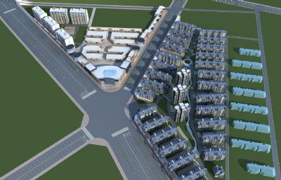 住宅小区-周边商业商贸中心组合鸟瞰3D模型