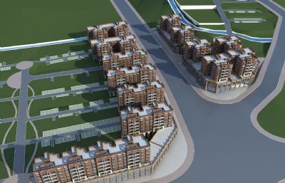 安置楼,还建房,现代商业小区入口3D模型