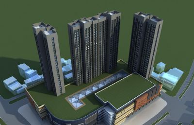 现代住宅,商住楼+购物中心组合体3D模型