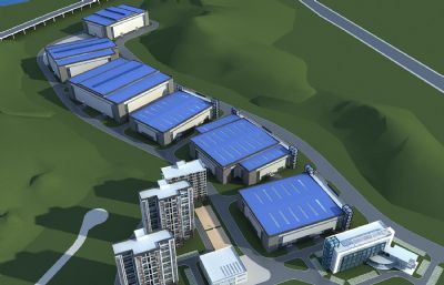 工业园职工宿舍,厂房,科研办公楼综合体鸟瞰3D模型