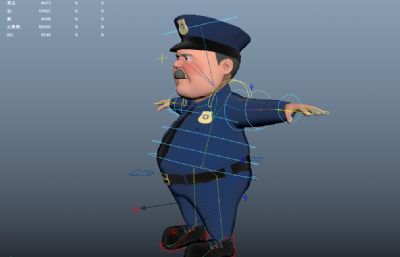 带绑定的卡通警察,警察大叔maya模型