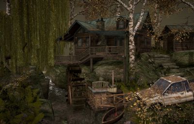 遗弃的森林小木屋,杀手专用房子FBX,GLB模型
