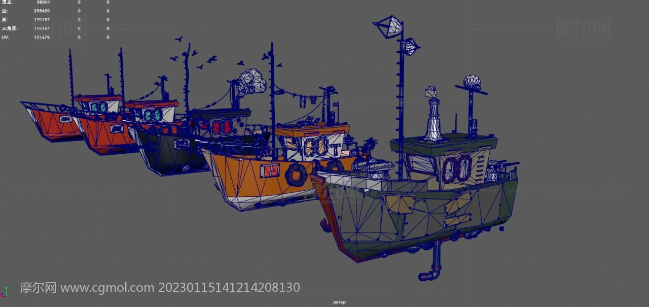 5艘卡通渔船,游戏渔船,Q版船3dmaya模型