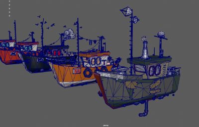 5艘卡通渔船,游戏渔船,Q版船3dmaya模型
