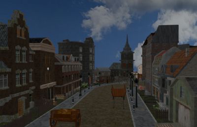 欧洲小镇街道场景,西方城镇房屋建筑,步行街3dmaya模型
