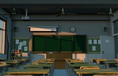 高中校园教室C4D场景模型