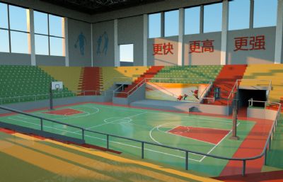 学校室内篮球馆+看台场景C4D模型