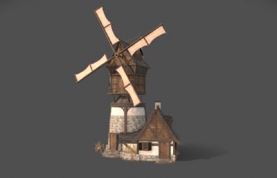风车磨坊场景建筑,荷兰风车3dmaya模型低模