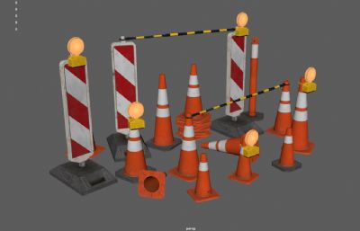 锥形障碍,公路设施,锥桶路障,警示标志3dmaya模型