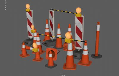 锥形障碍,公路设施,锥桶路障,警示标志3dmaya模型