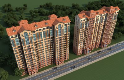 坡顶欧式住宅,高层小区3D模型