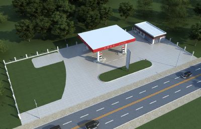中国石化加油站,县城加油站场景3D模型