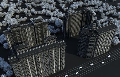 风景区中式住宅,古镇坡顶高层公寓,住宅小区3D模型
