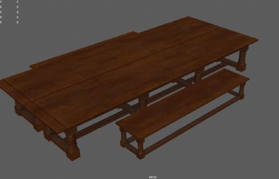 中世纪的桌椅,木桌椅,餐厅桌子椅子3dmaya模型