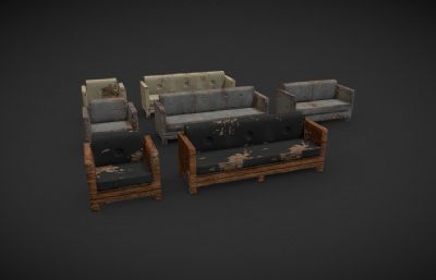 破旧沙发,废弃家具,老式布艺沙发3dmaya模型