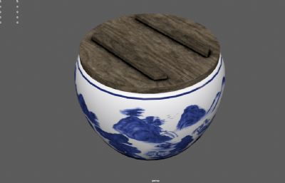 日本陶瓷大酒罐,青花瓷大缸,陶瓷器皿3dmaya模型,塌陷文件
