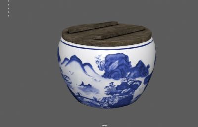 日本陶瓷大酒罐,青花瓷大缸,陶瓷器皿3dmaya模型,塌陷文件