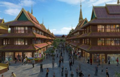 孟连口岸,国界,东南亚建筑,云南西双版纳商业街建筑3D模型