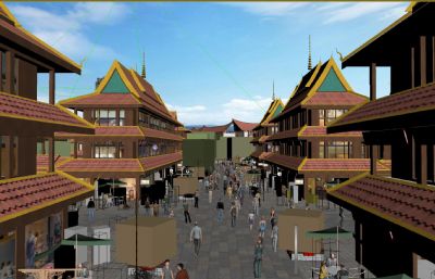孟连口岸,国界,东南亚建筑,云南西双版纳商业街建筑3D模型