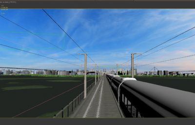 江西铁路施工场地,动车高铁穿过湿地高架桥场景,湿地河流3D模型