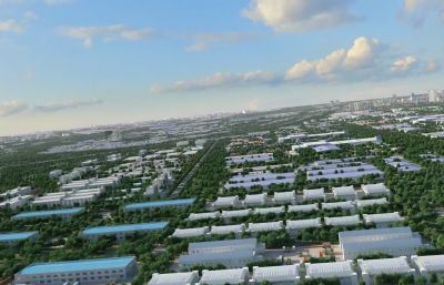 临港经济开发区工厂厂房穿梭动画场景,鸟瞰厂区规划