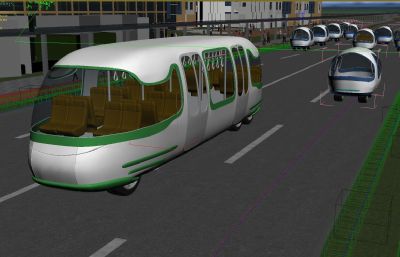 未来概念城市,智慧胶囊汽车,无人驾驶公交车