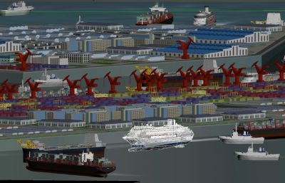 从云层下拉看临港经济开发区码头港口,大海集装箱货轮客轮动画