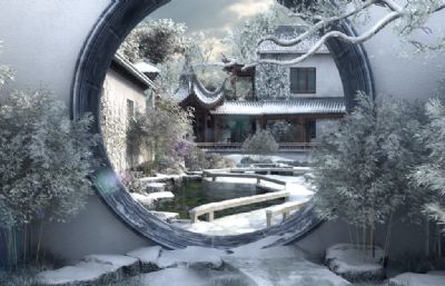 冬季的皇家花园,苏州园林,中式庭院雪景3D模型