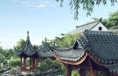 中式别墅住宅园林景观,苏州园林凉亭,中式庭院景观