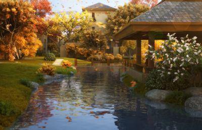 写实秋季别墅园林景观,花草,落叶,流水,凉亭景观