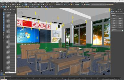 写实高中教室内部全景3D模型