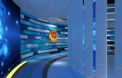 党政公安演播室 新闻播报演播厅,虚拟演播室背景3D模型