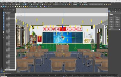 写实高中教室内部全景3D模型