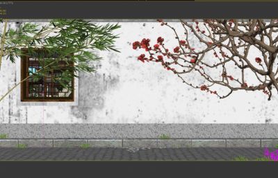 古建围墙洞窗窗框+竹子+梅花树