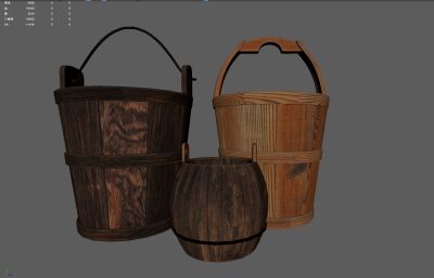 pbr写实三种不同款式的水桶,木桶maya模型