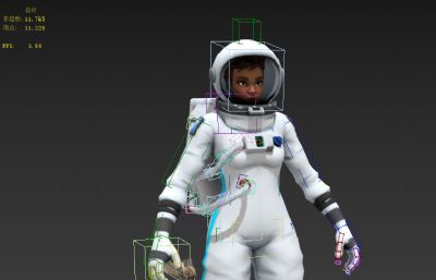 女黑人宇航员,带绑定,太空漫步,走路动画