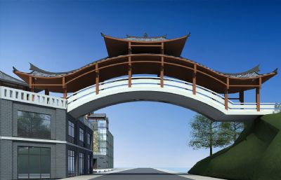 中式商业度假村 古典新中式公寓 景区中式吊桥牌坊