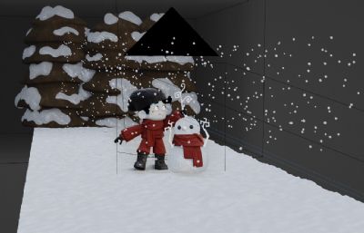 卡通男孩与小雪人在雪中玩耍场景blender模型