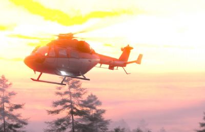 夕阳下的直升机与跑车同框场景