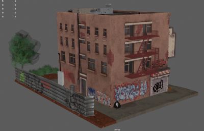 带涂鸦墙的公寓楼,美国街区贫民区,复古街道