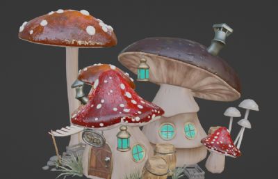 卡通蘑菇屋,蘑菇房子blender模型
