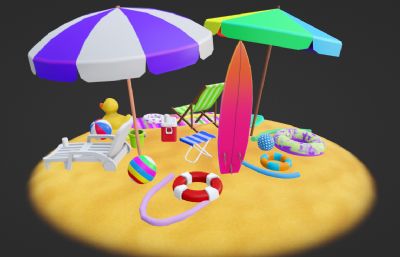 海滩太阳伞,休闲椅,海边游玩休闲设施blender模型