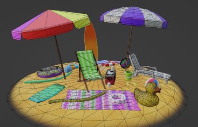 海滩太阳伞,休闲椅,海边游玩休闲设施blender模型