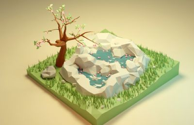 卡通低面春天池塘桃树场景blender模型