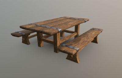 中世纪餐桌,老旧的桌子,木板凳