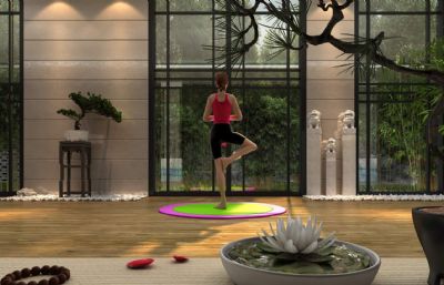 新中式豪宅晨练瑜伽动画,瑜伽室盆栽睡莲石狮子