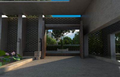新中式古朴住宅大门入口庭院场景动画
