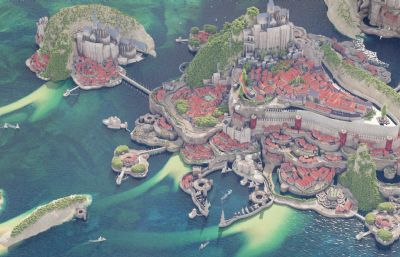 中世纪海岛城堡,王国城市blender模型