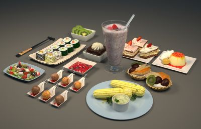 蛋糕,饮料,沙拉等美食食物组合3dmax模型